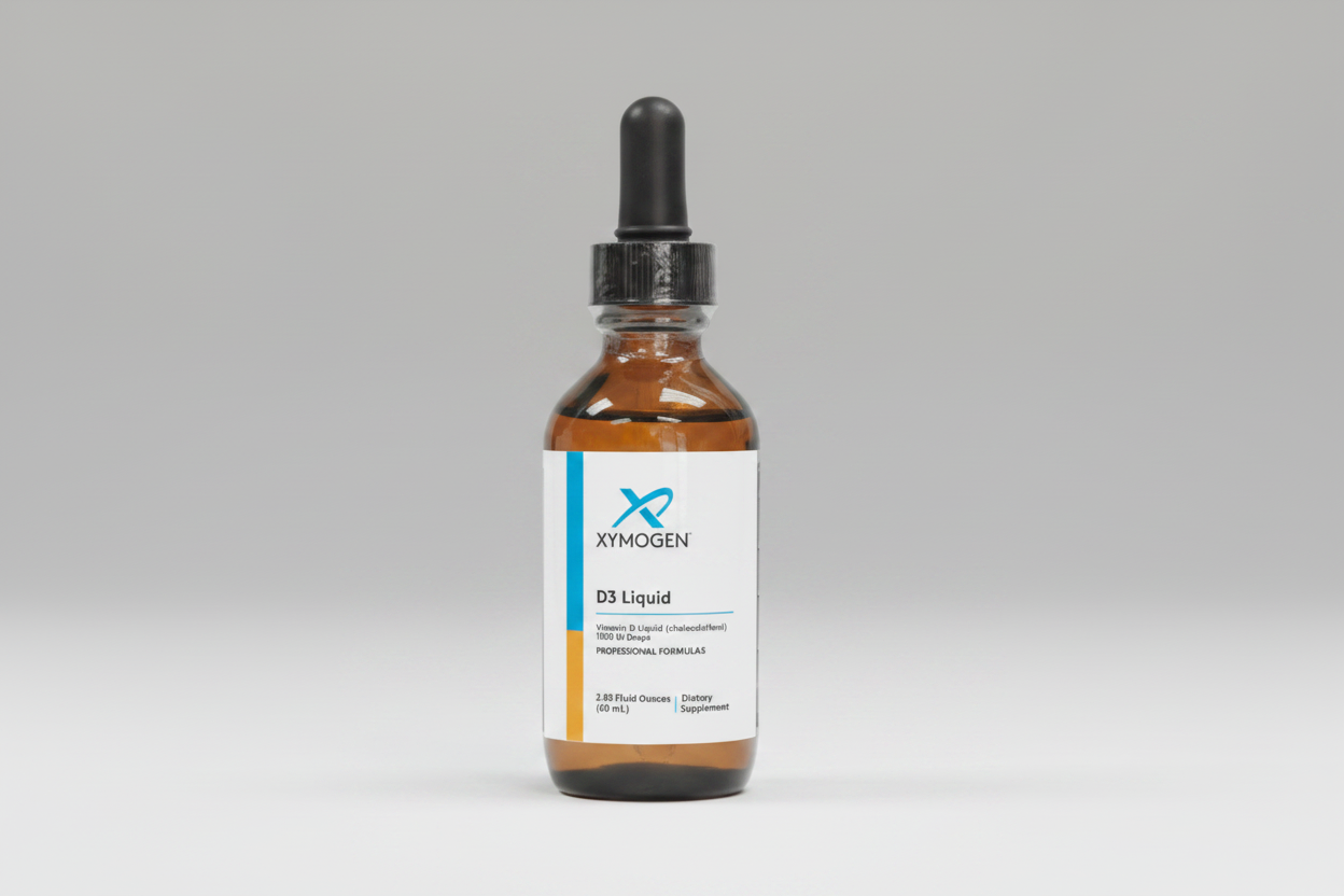 Brown glass bottle with dropper labeled 'Xymogen D3 Liquid' on a white background