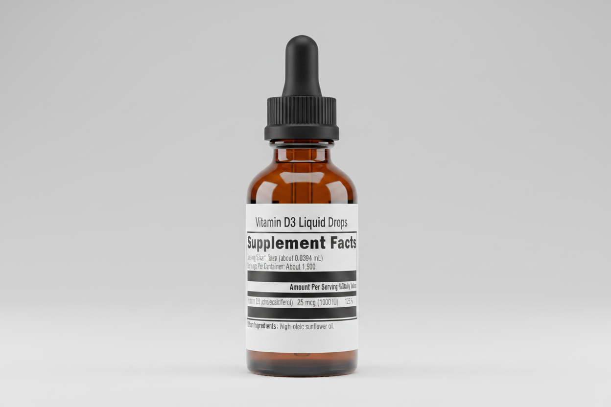 Supplement facts label for a product with vitamin D3 and high-oleic sunflower oil.