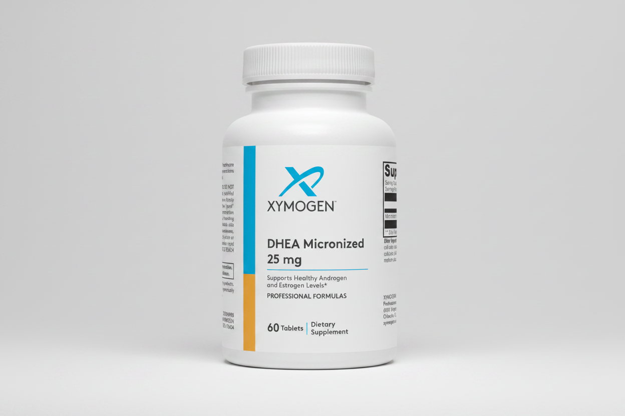 Supplement bottle labeled 'Xymogen DHEA Micronized 25 mg' on a white background