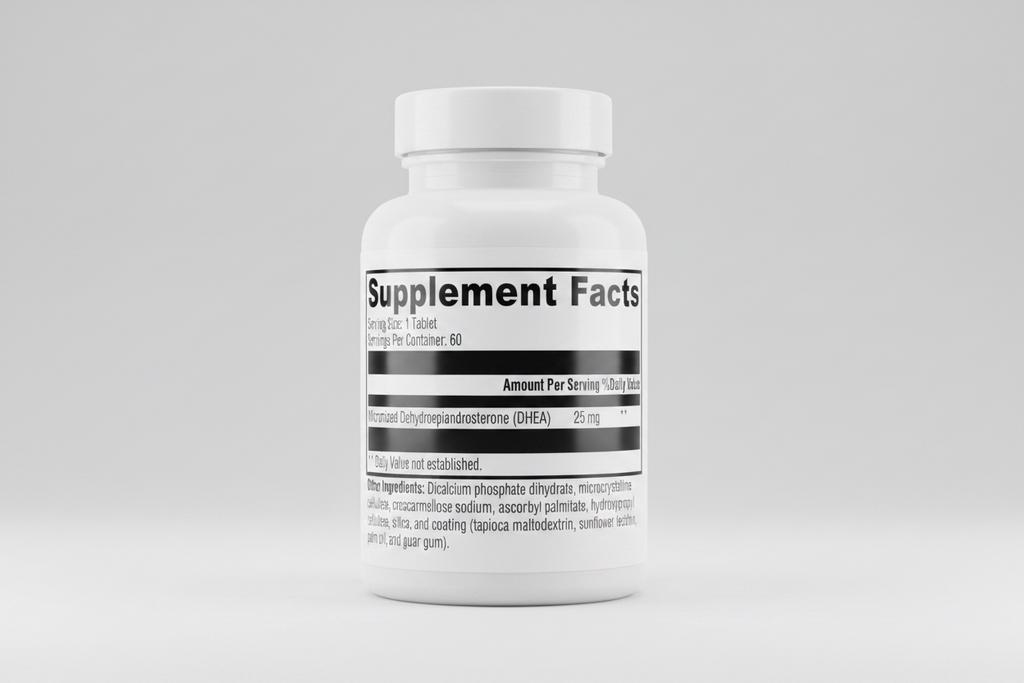 Supplement facts label for a DHEA supplement on a white background