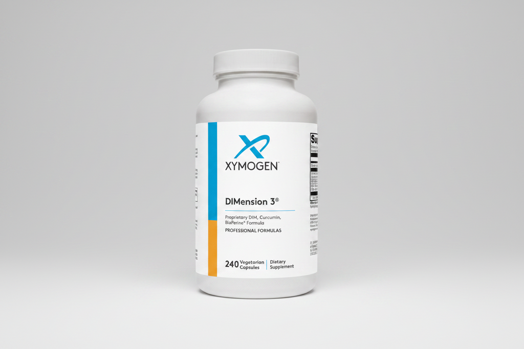 Xymogen Dimension 3 dietary supplement bottle on a white background