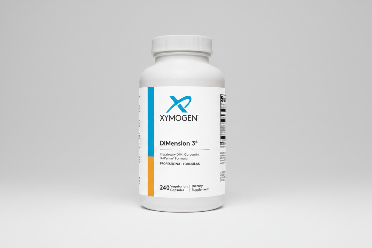 Xymogen Dimension 3 dietary supplement bottle on a white background