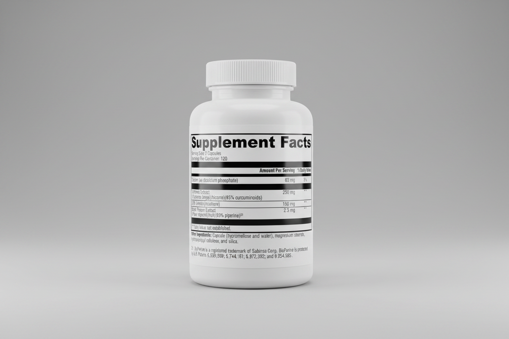 Supplement facts label with detailed nutritional information on a white background