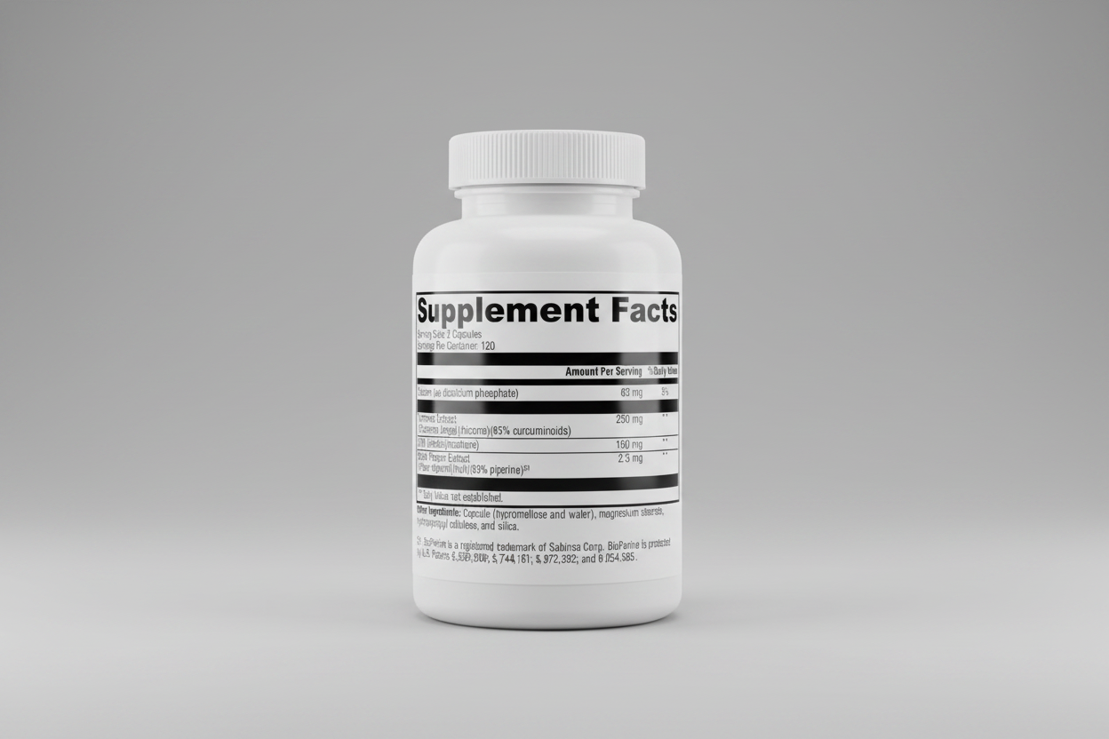 Supplement facts label with detailed nutritional information on a white background