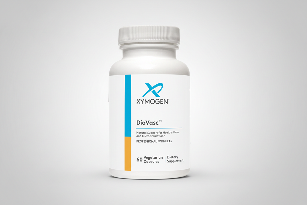 Supplement bottle labeled 'Xymogen DioVasc' on a white background