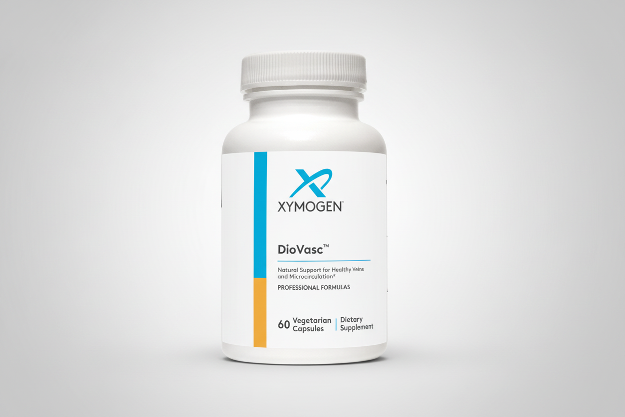Supplement bottle labeled 'Xymogen DioVasc' on a white background