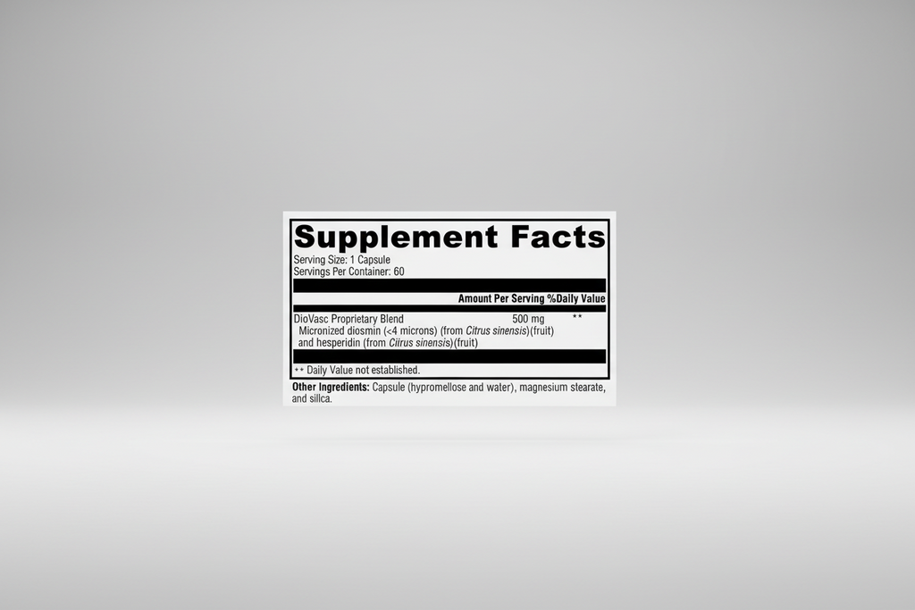 Supplement facts label with DioVasc Proprietary Blend on a white background