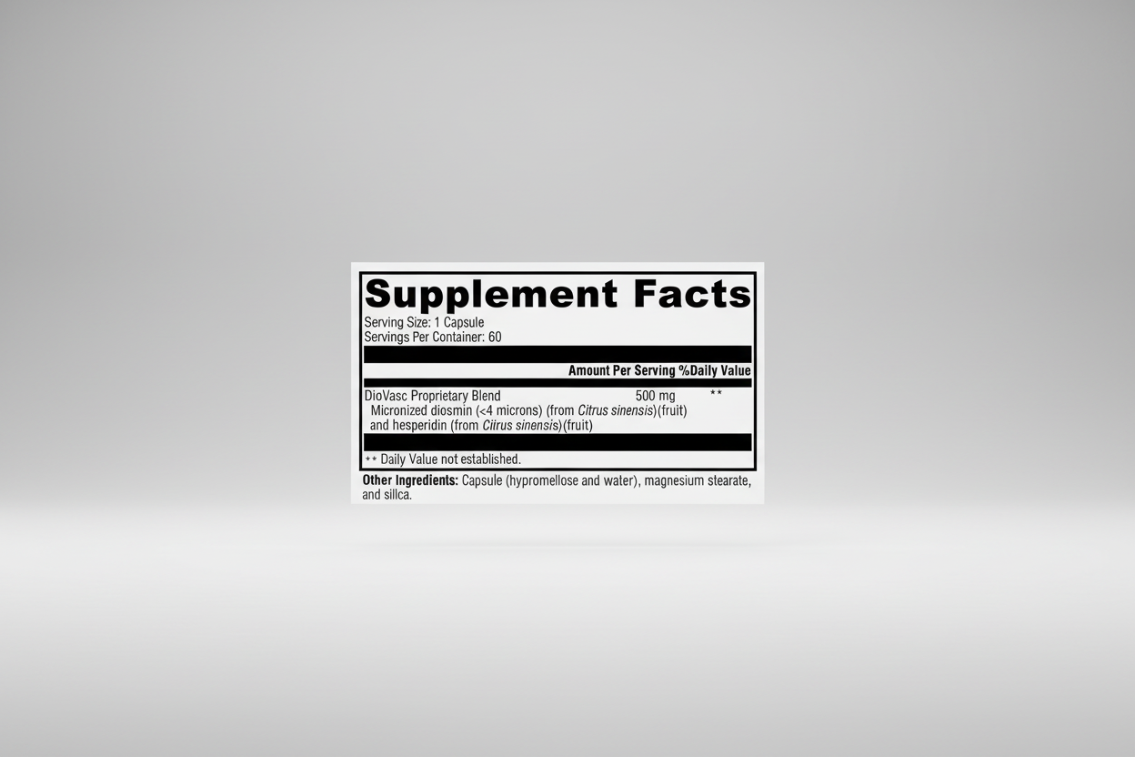 Supplement facts label with DioVasc Proprietary Blend on a white background