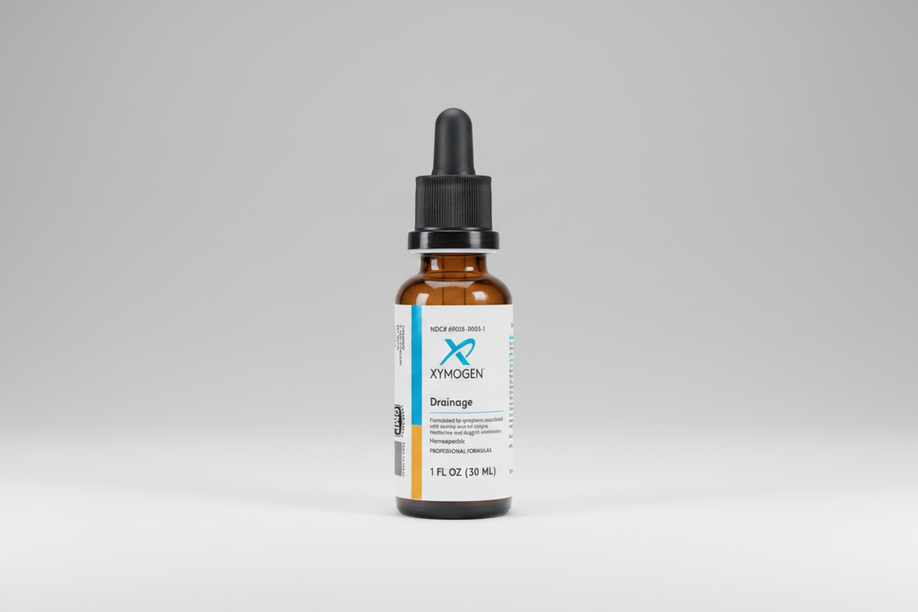 Xymogen Drainage supplement bottle with dropper on a white background