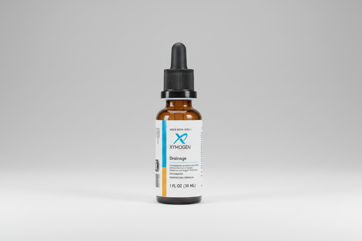 Xymogen Drainage supplement bottle with dropper on a white background