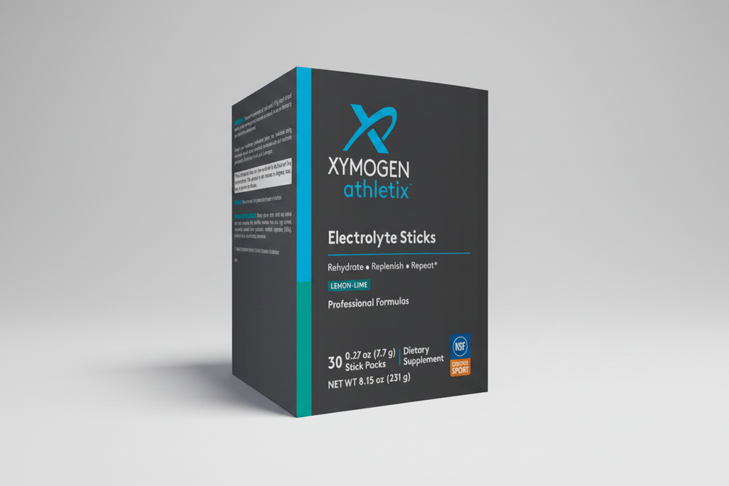 Box of Xymogen Athletix Electrolyte Sticks on a white background