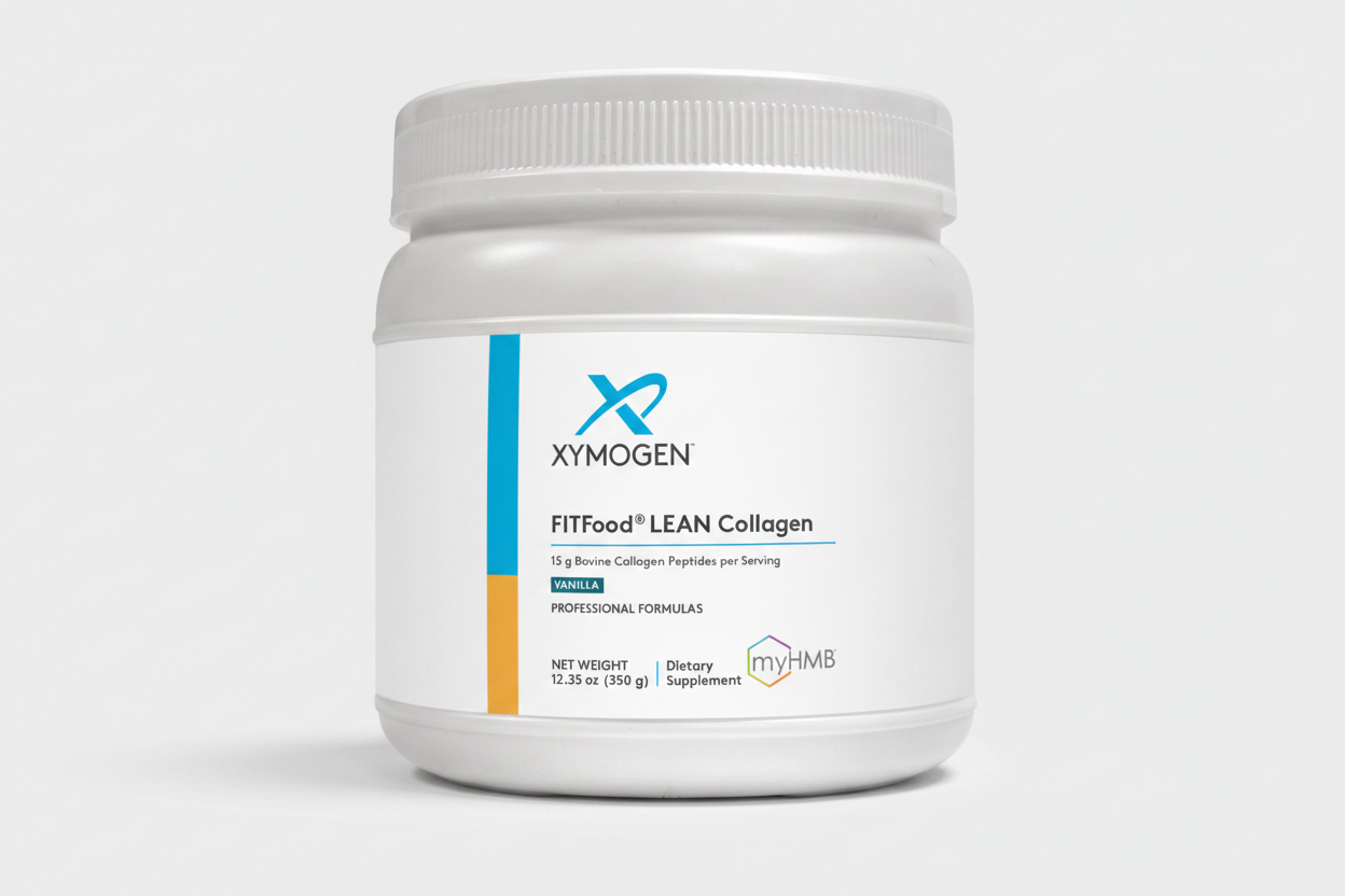 White container of Xymogen FITfood Lean Collagen on a white background