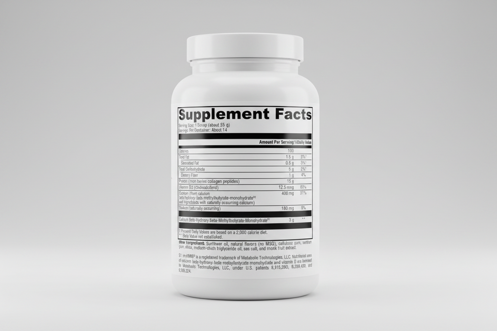Supplement facts label with detailed nutritional information on a white background