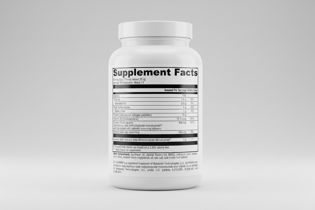 Supplement facts label with detailed nutritional information on a white background