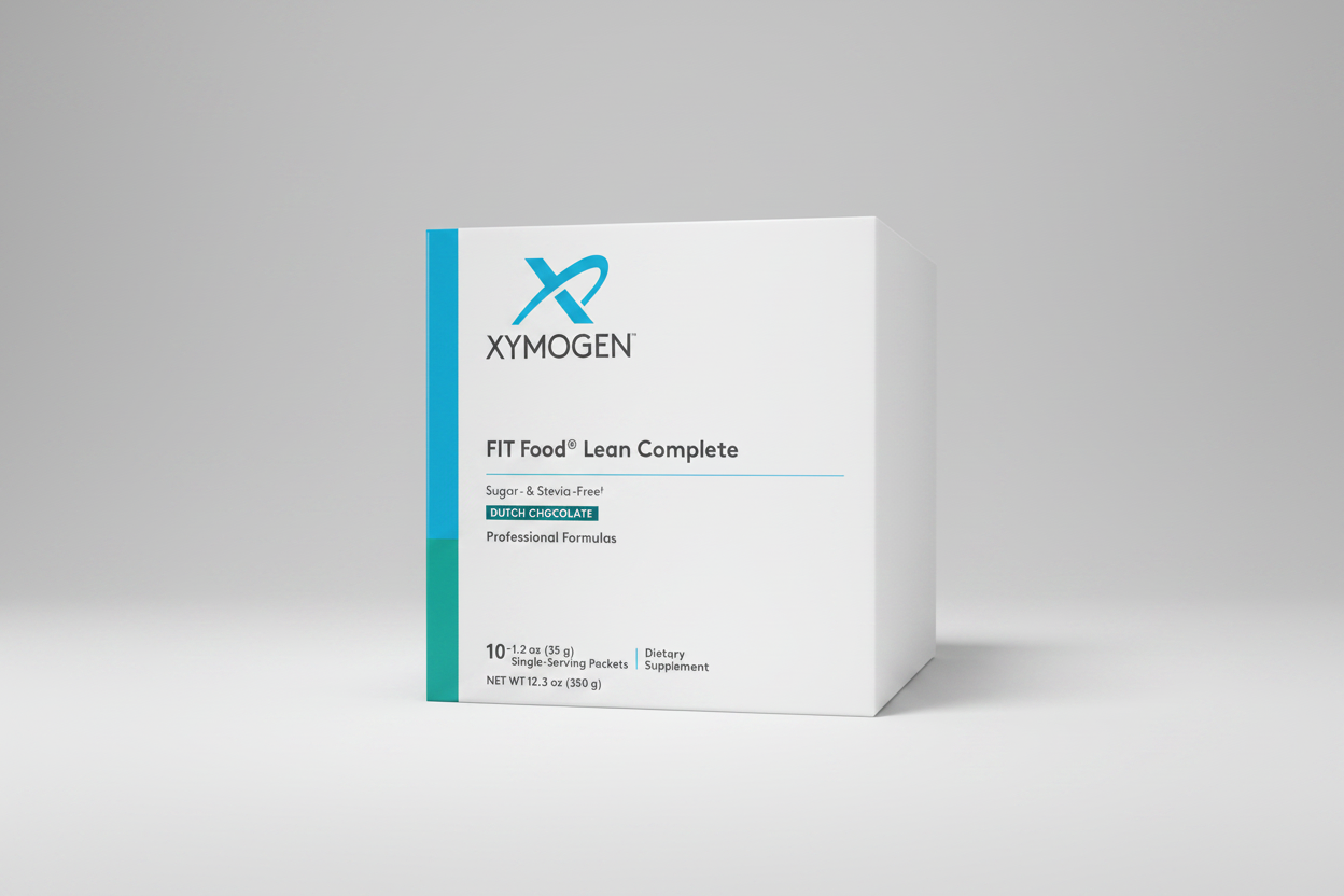 Box of Xymogen FIT Food Lean Complete dietary supplement on a white background