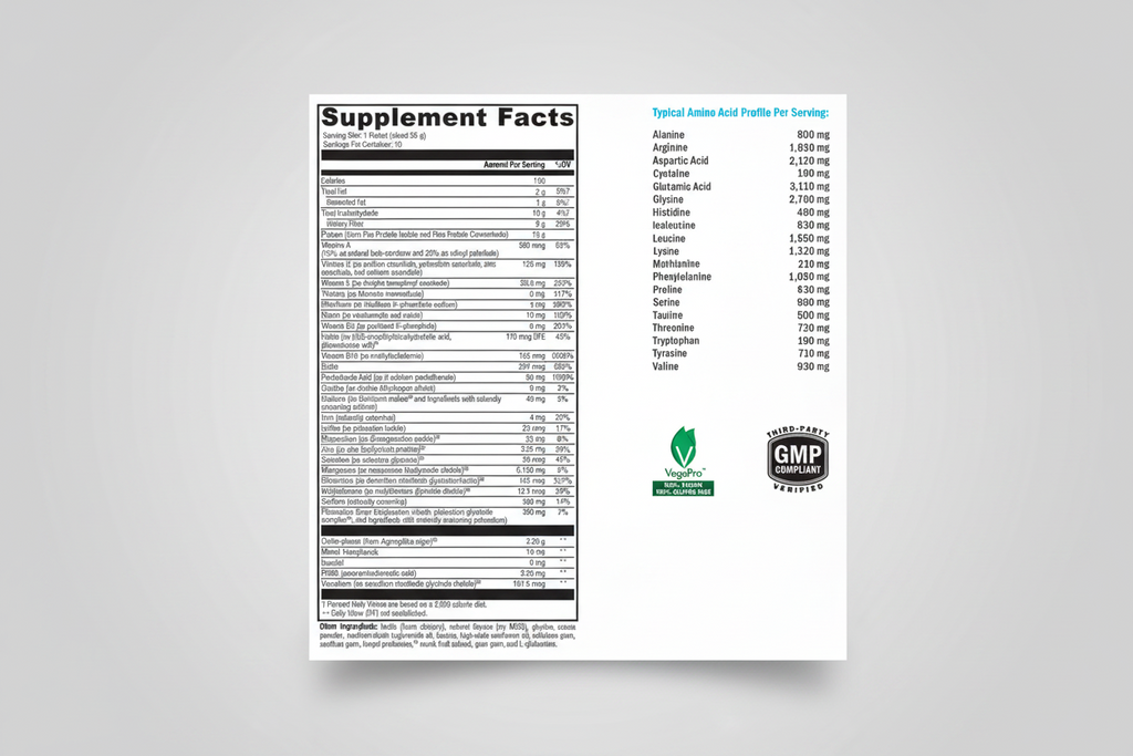 Supplement facts label with nutritional information and certification logos on a white background