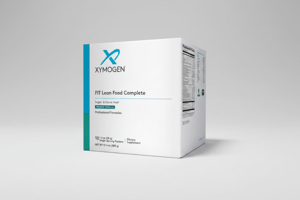 Box of Xymogen Fit Lean Food Complete dietary supplement on a white background