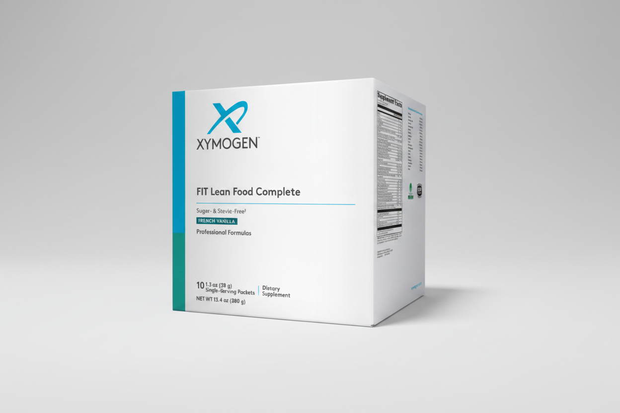 Box of Xymogen Fit Lean Food Complete dietary supplement on a white background