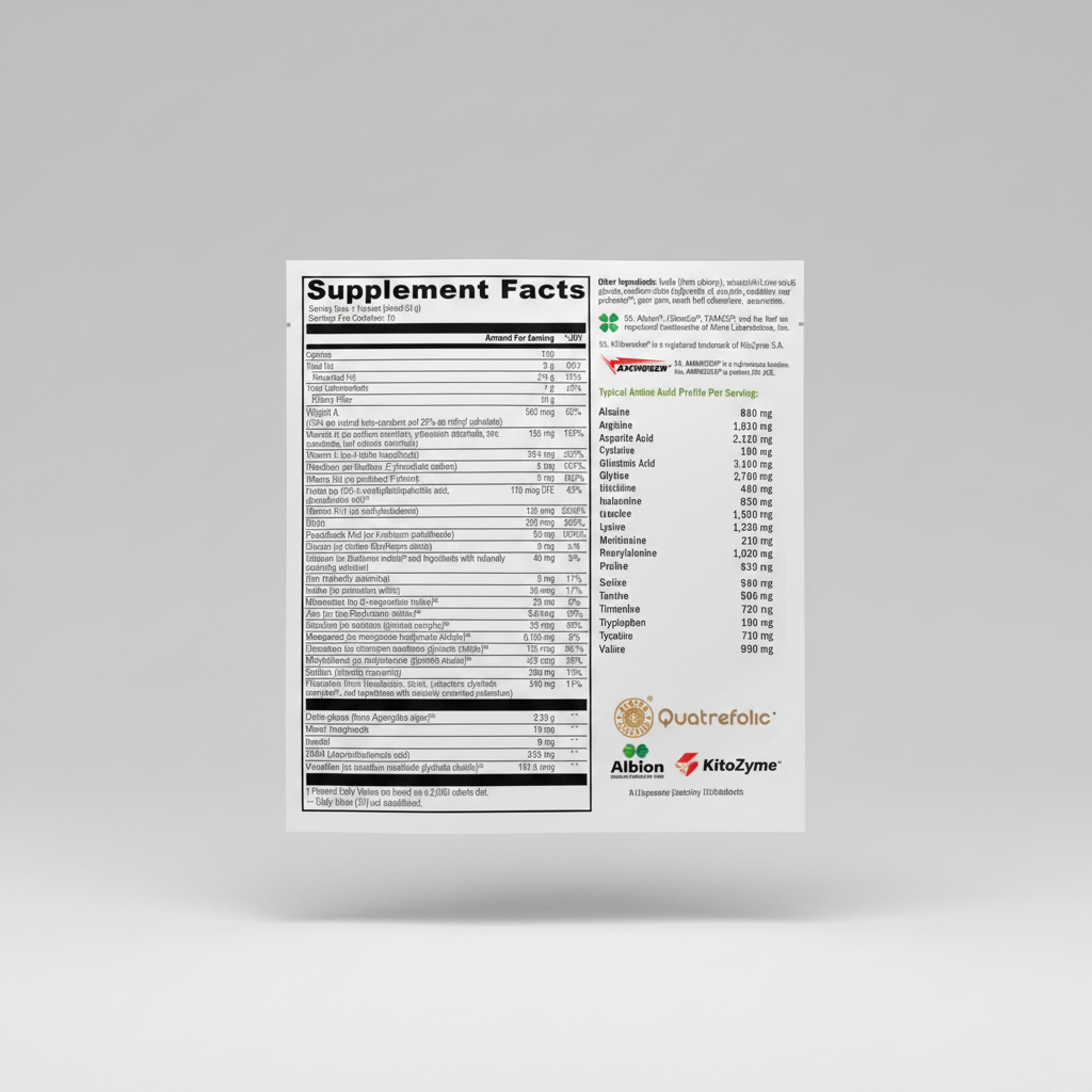 Supplement facts label with detailed nutritional information on a white background