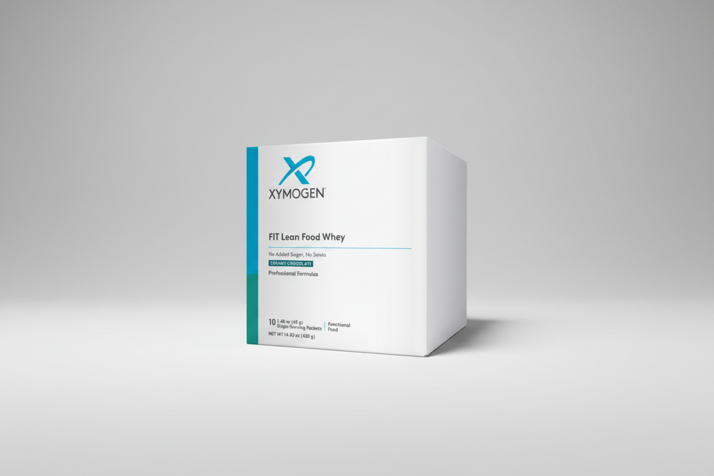 Box of Xymogen FIT Lean Food Whey powder on a white background