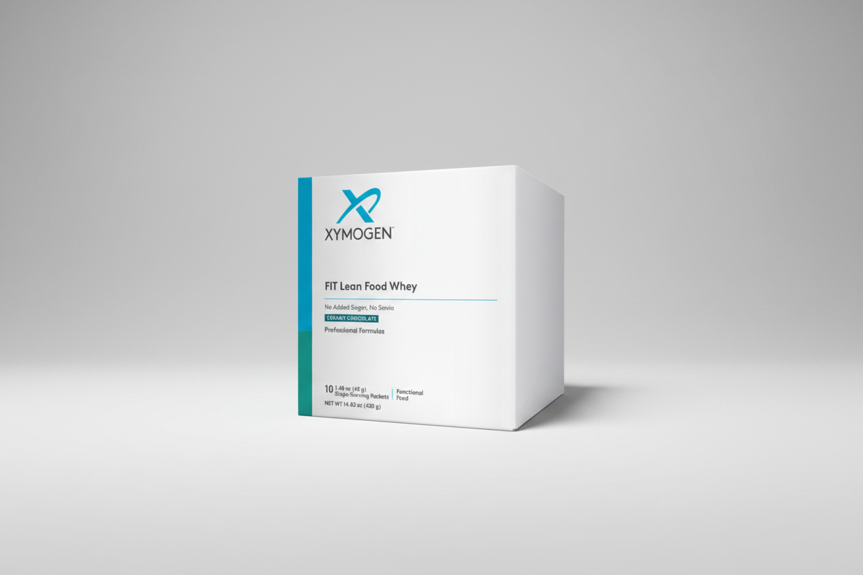 Box of Xymogen FIT Lean Food Whey powder on a white background