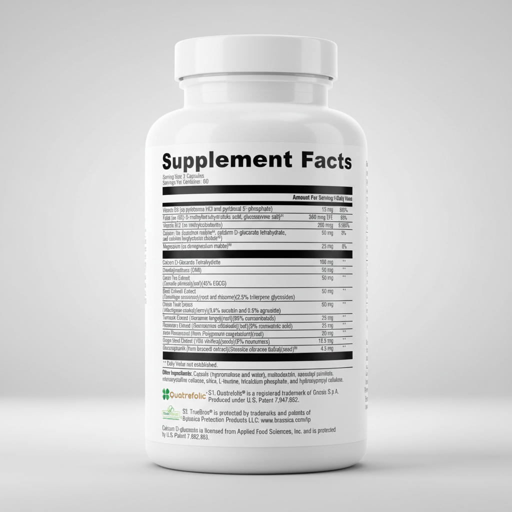 Supplement facts label with detailed nutritional information on a white background