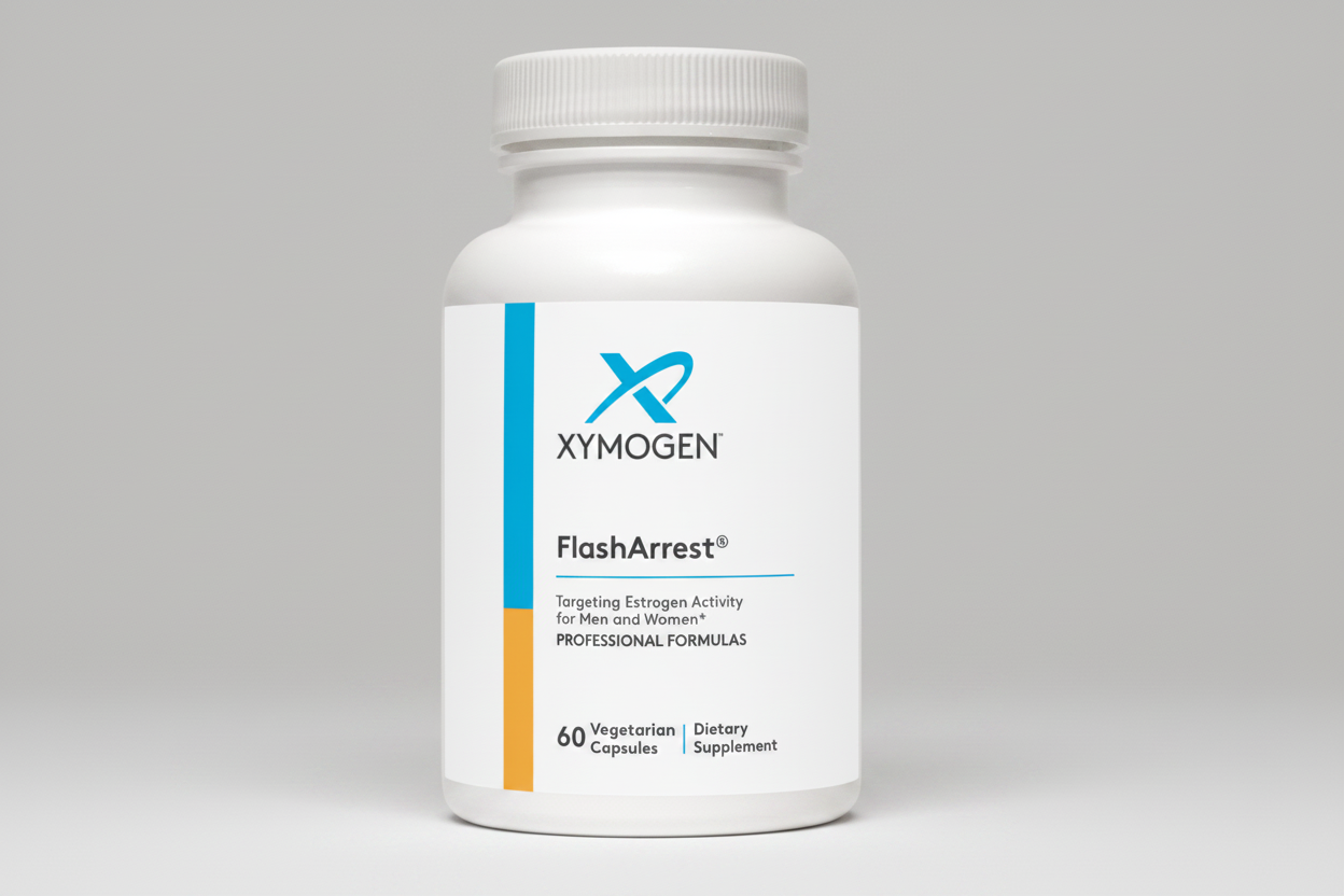 Supplement bottle labeled 'Xymogen FlashArrest' on a white background