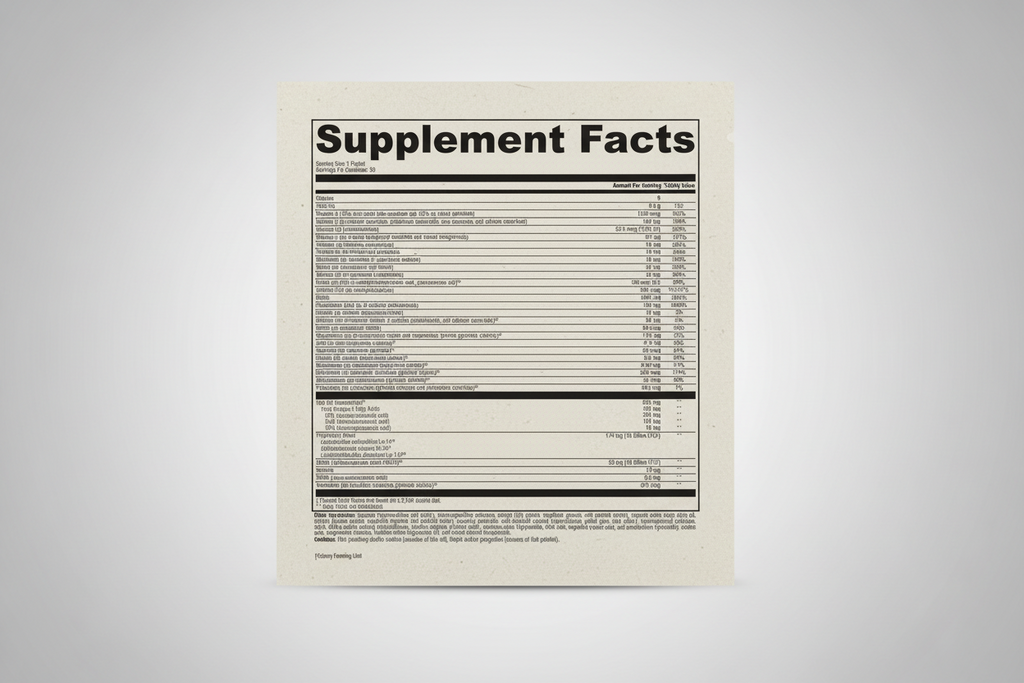 Supplement facts label with detailed nutritional information on a white background