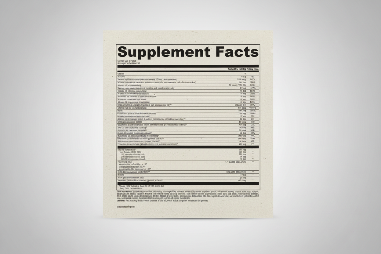 Supplement facts label with detailed nutritional information on a white background