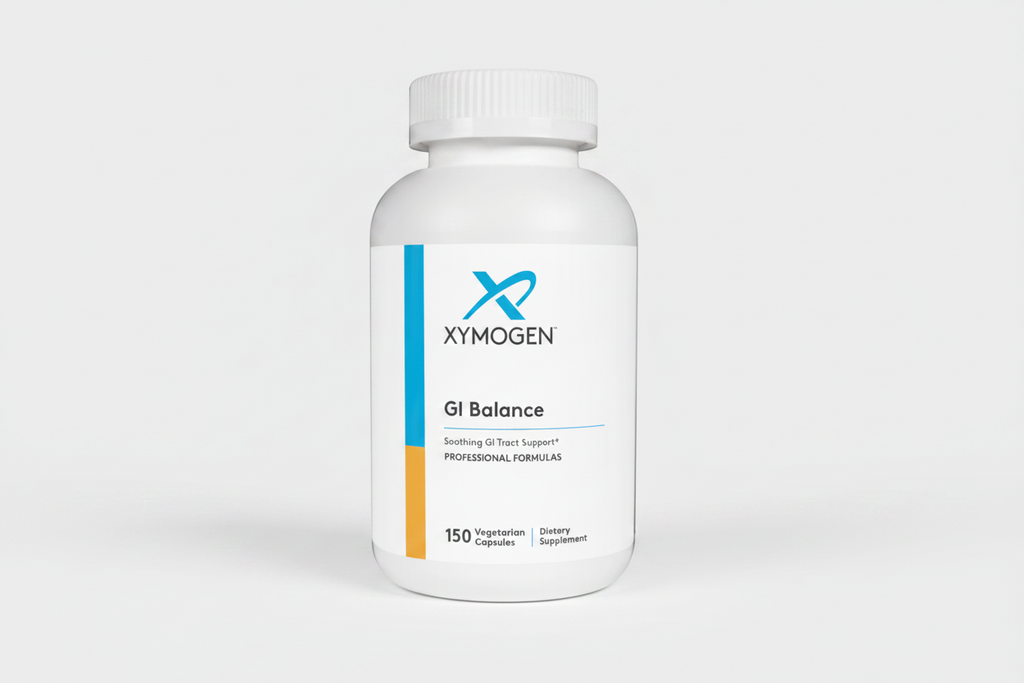 White supplement bottle labeled 'Xymogen GI Balance' on a white background