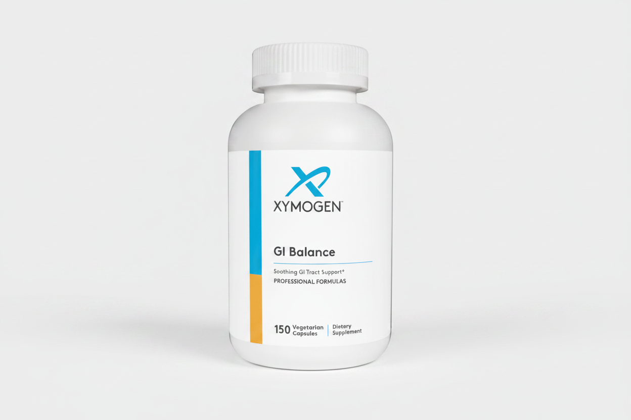 White supplement bottle labeled 'Xymogen GI Balance' on a white background