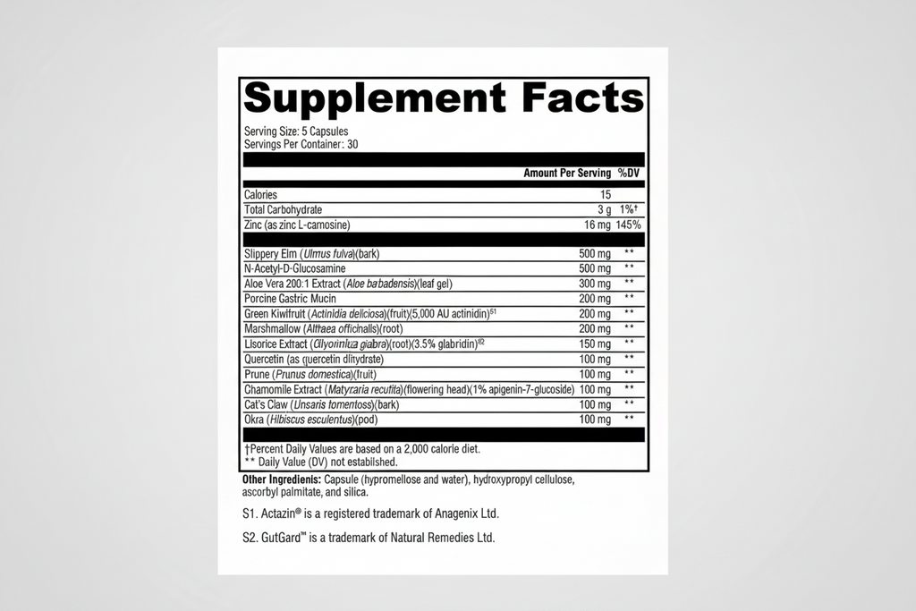 Supplement facts label with detailed nutritional information on a white background