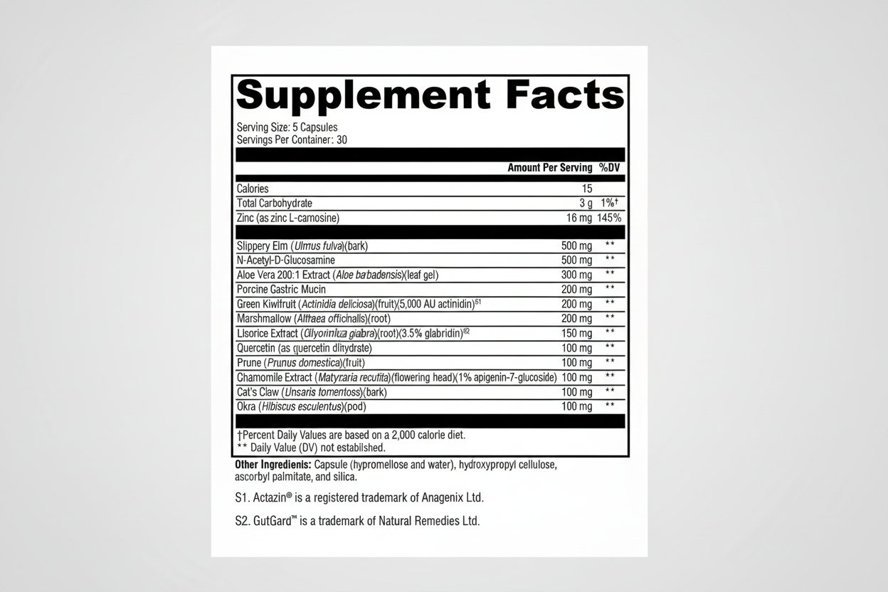 Supplement facts label with detailed nutritional information on a white background