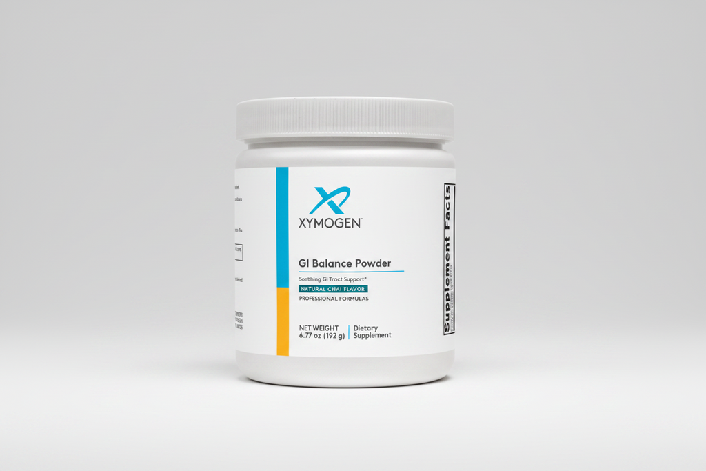 Xymogen GI Balance Powder container on a white background