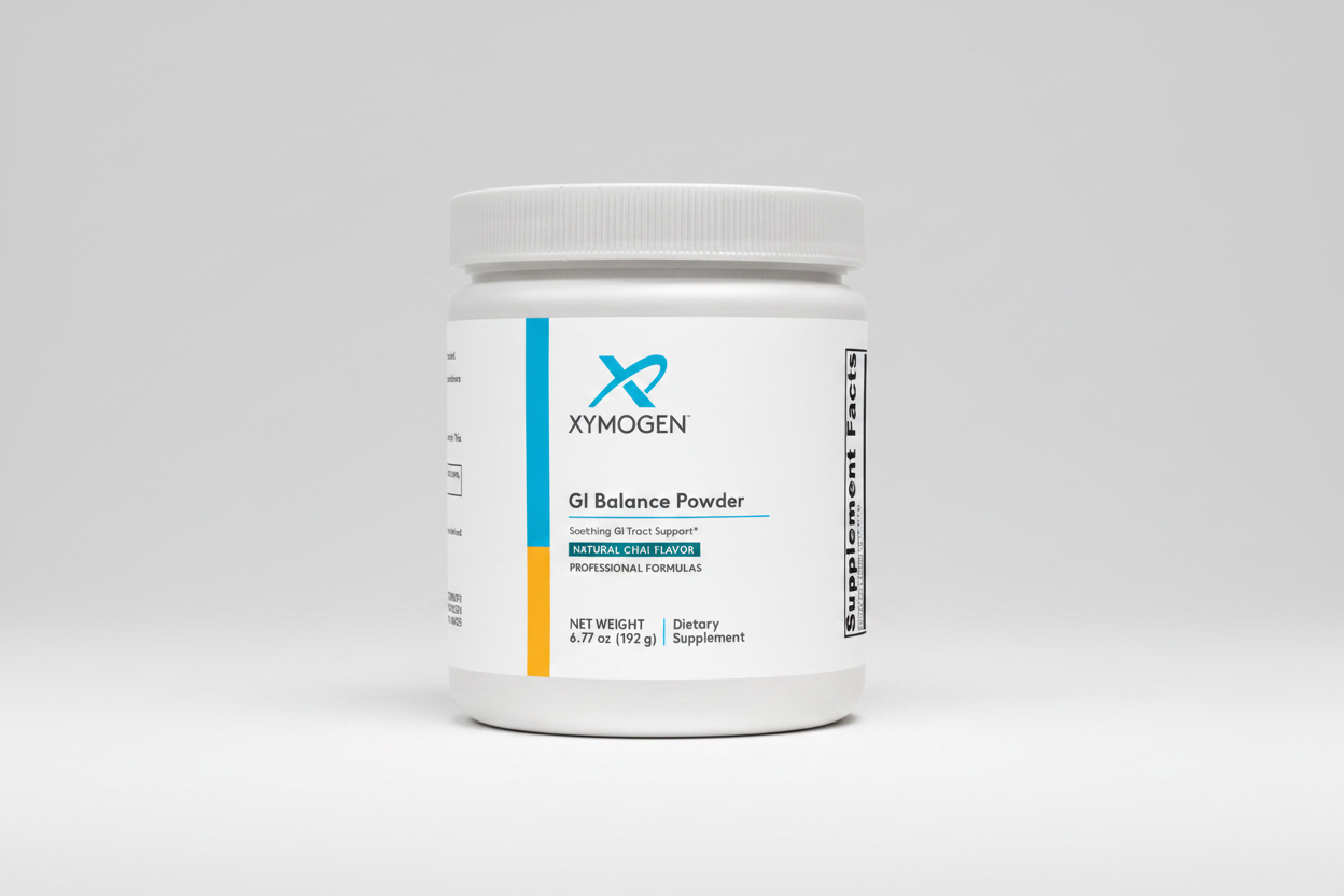 Xymogen GI Balance Powder container on a white background