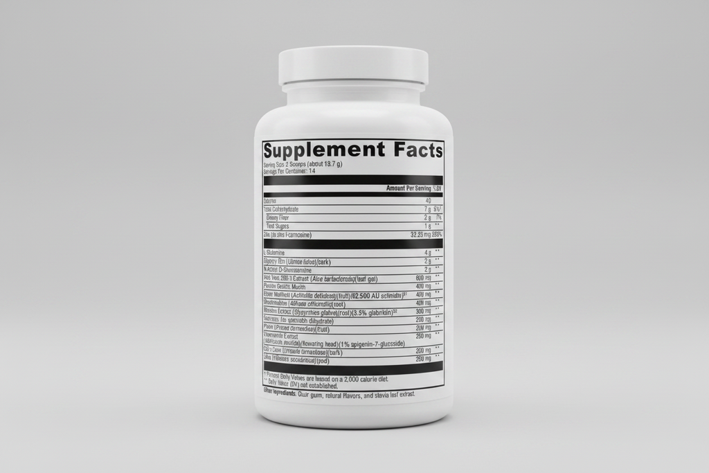 Supplement facts label with detailed nutritional information on a white background