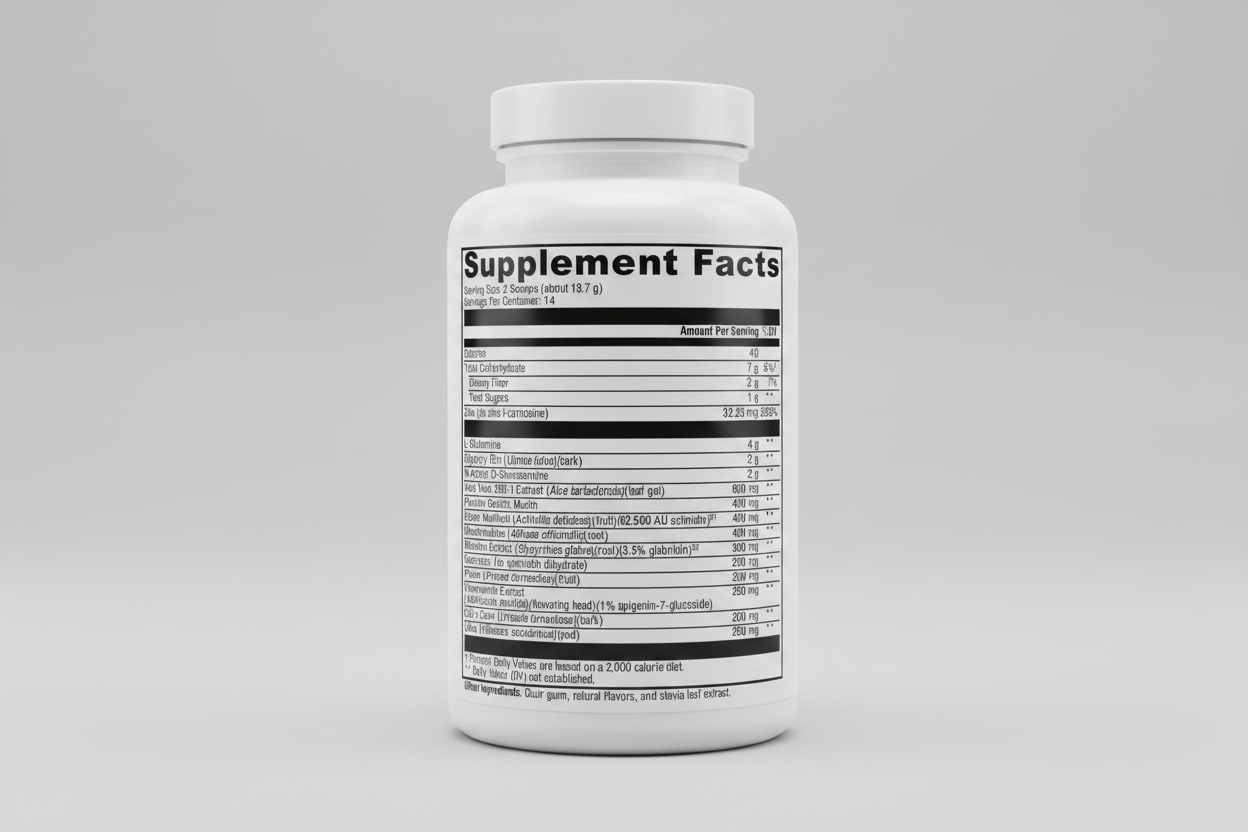 Supplement facts label with detailed nutritional information on a white background