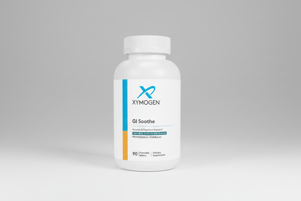 White bottle of Xymogen GI Soothe supplement on a white background