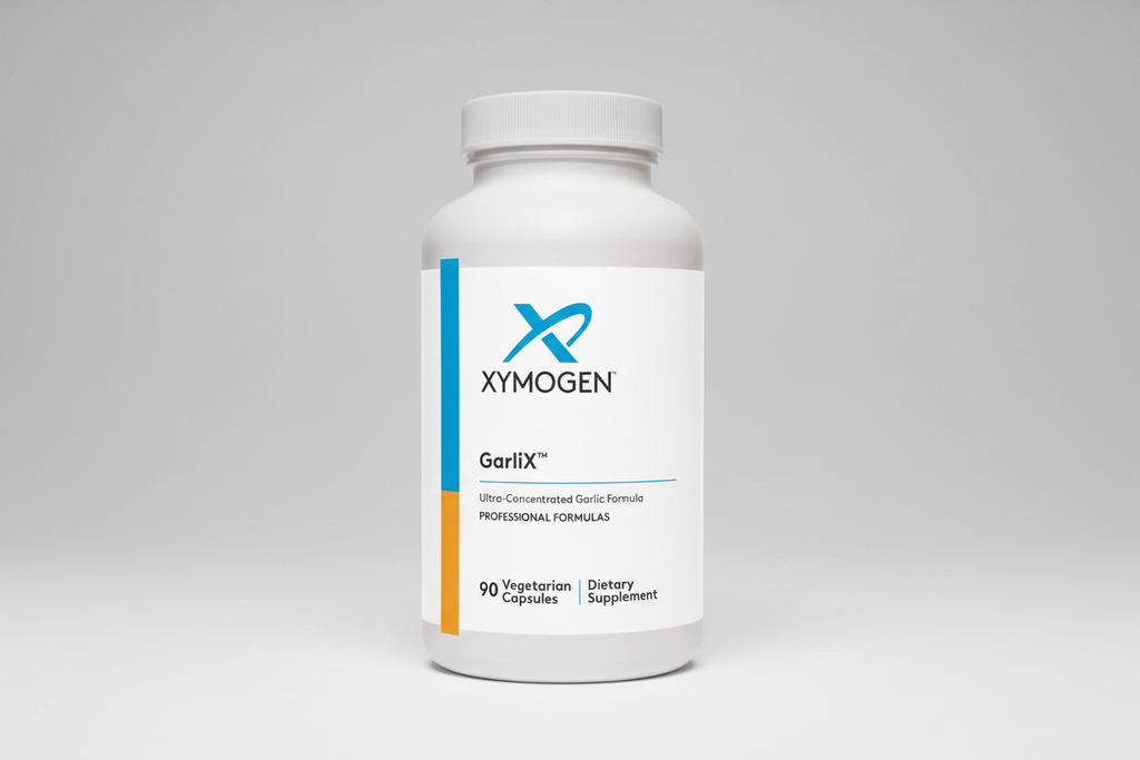 Xymogen GarlicX dietary supplement bottle on a white background