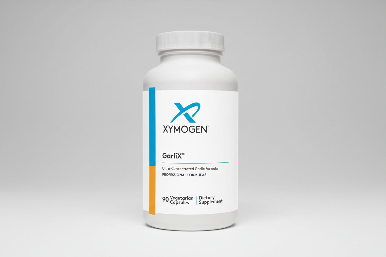 Xymogen GarlicX dietary supplement bottle on a white background