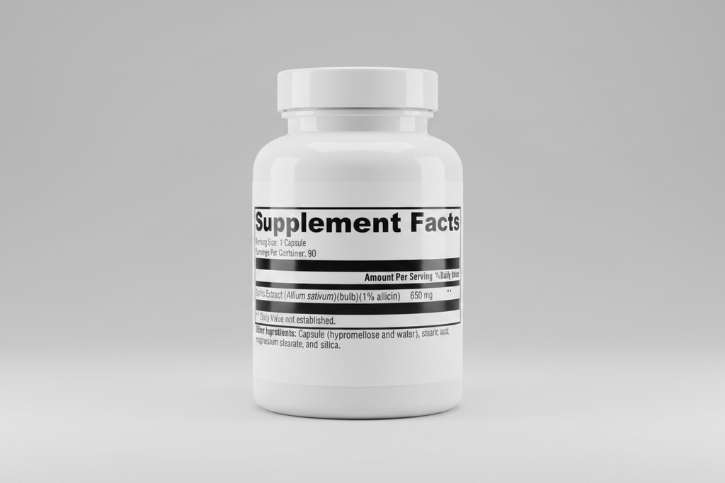 Supplement facts label with garlic extract information on a white background
