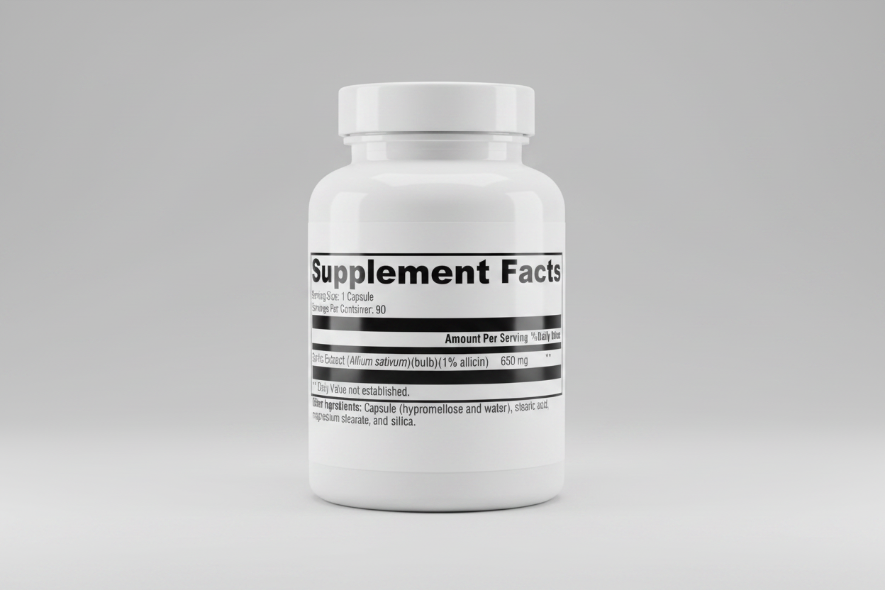 Supplement facts label with garlic extract information on a white background