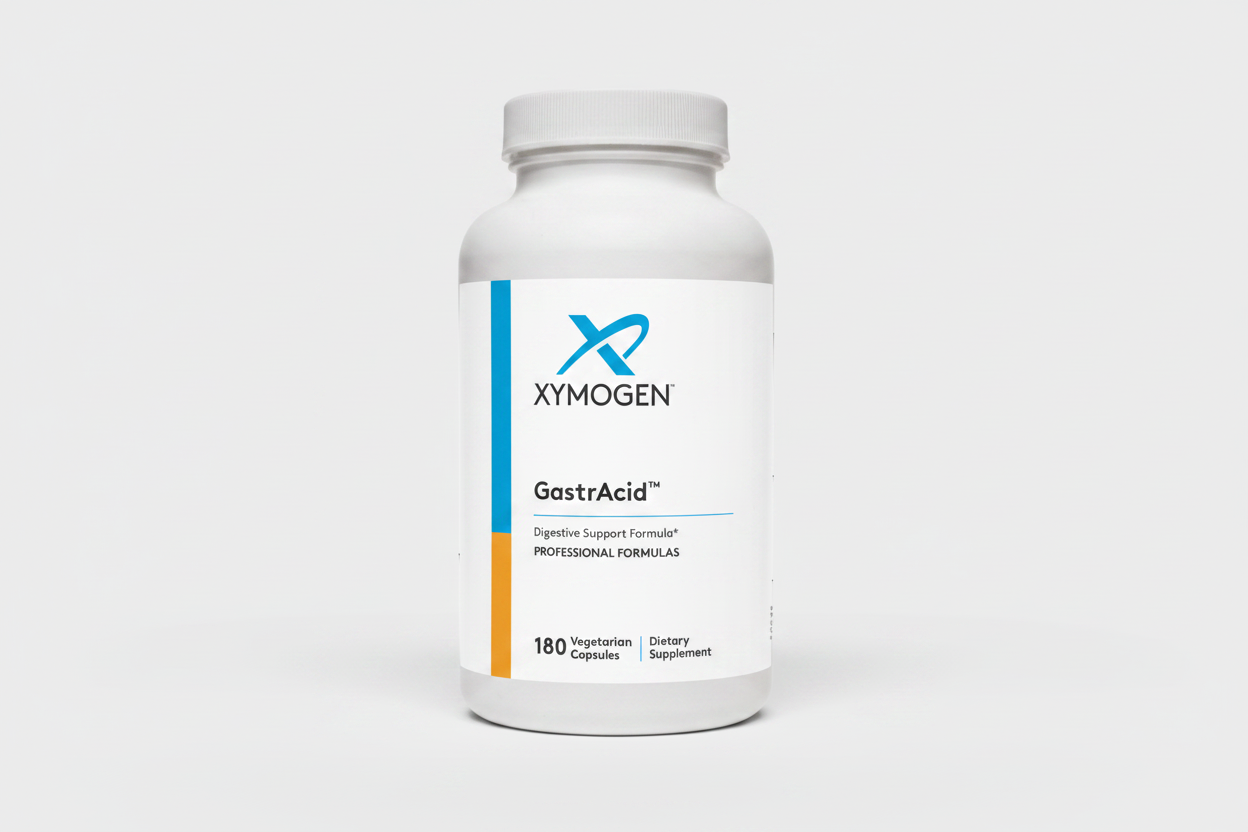 White supplement bottle labeled 'Xymogen GastrAcid' on a white background