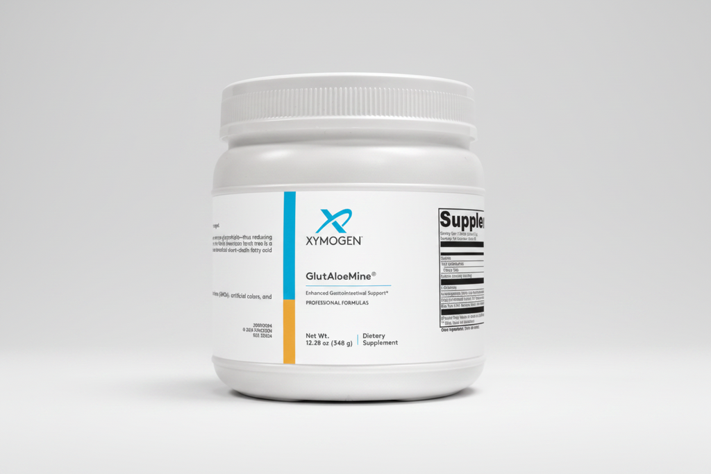White supplement container labeled 'Xymogen GlutAloeMine' on a white background