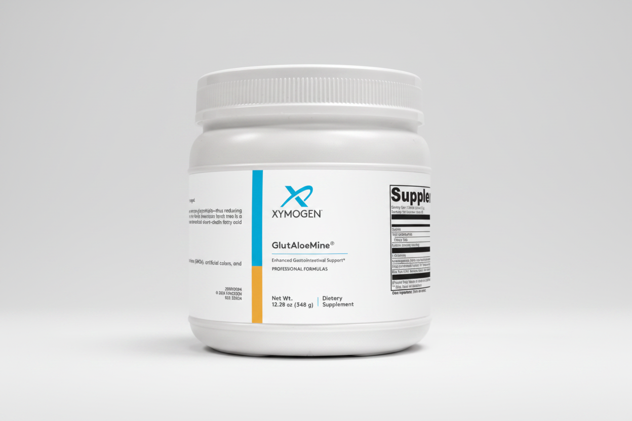 White supplement container labeled 'Xymogen GlutAloeMine' on a white background