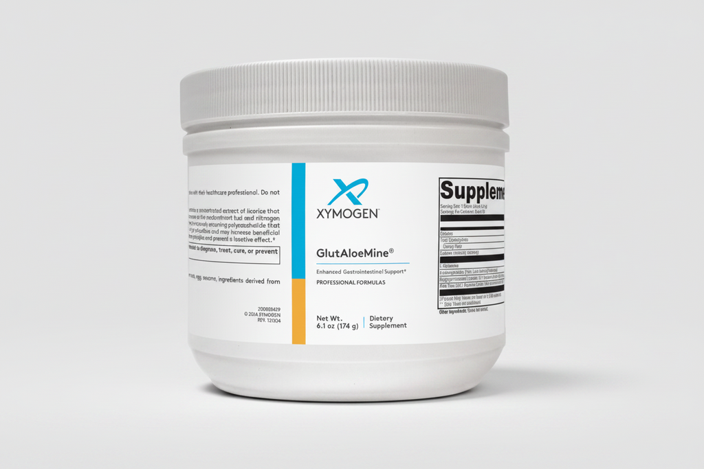 White supplement container labeled 'Xymogen GlutAloeMine' on a white background