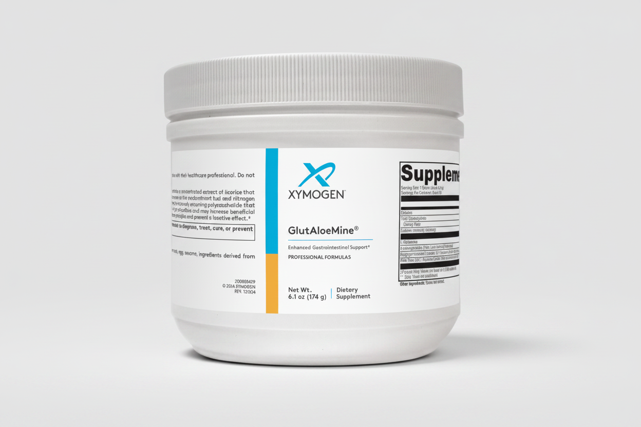 White supplement container labeled 'Xymogen GlutAloeMine' on a white background