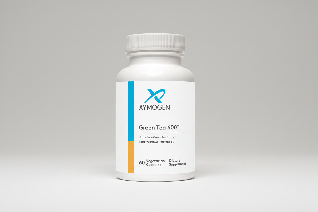 Xymogen Green Tea 600 dietary supplement bottle on a white background