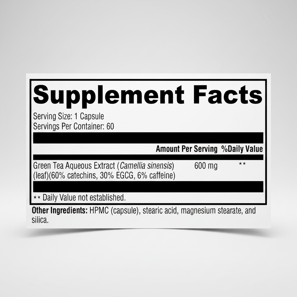 Supplement facts label for a green tea extract capsule on a white background