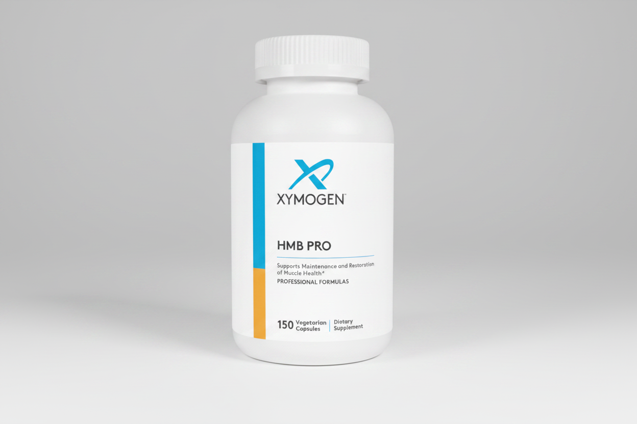 Supplement bottle labeled 'Xymogen HMB Pro' on a white background